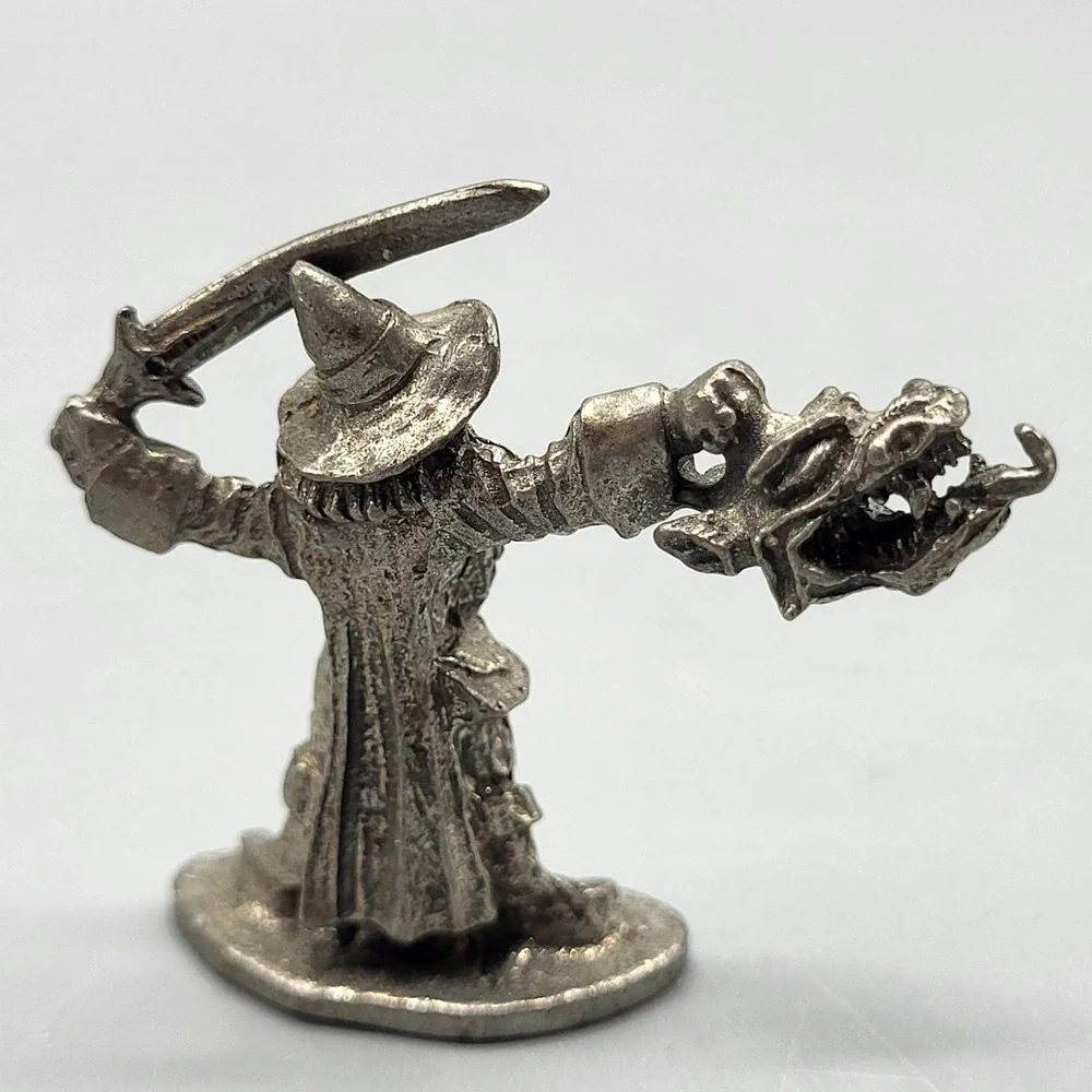Vtg 1996 Signed Pewter Wizard Figurine Sword Dragon Shelf Decor 1.25